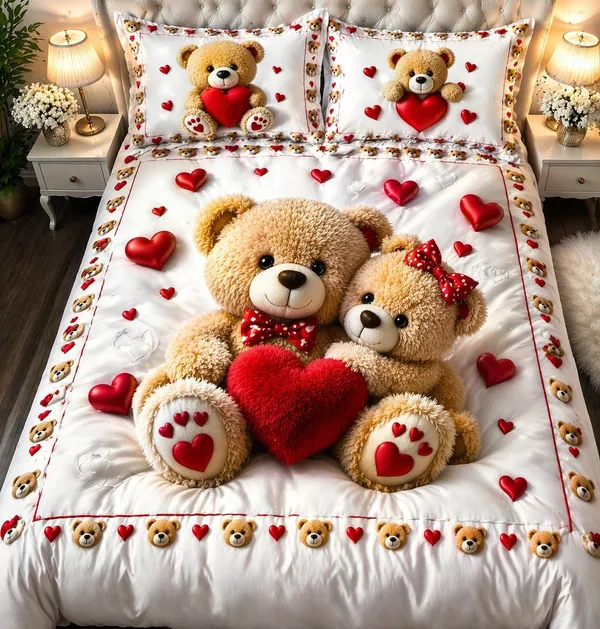 White_Teddy_Bear_Print_King_Size_Bed_Sheet_With_Pillow_Covers