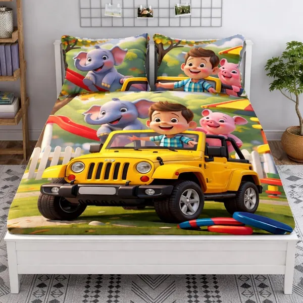 Colorful_Cartoon_Character_Print_Kids_Bed_Sheet_With_Pillow_Covers