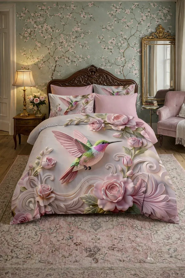 Pink_Floral_Hummingbird_Print_King_Size_Bedding_Set
