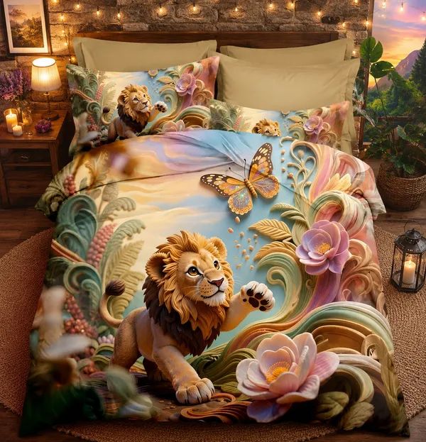Multicolor_3D_Lion_Butterfly_Floral_Print_Bed_Sheet_Set