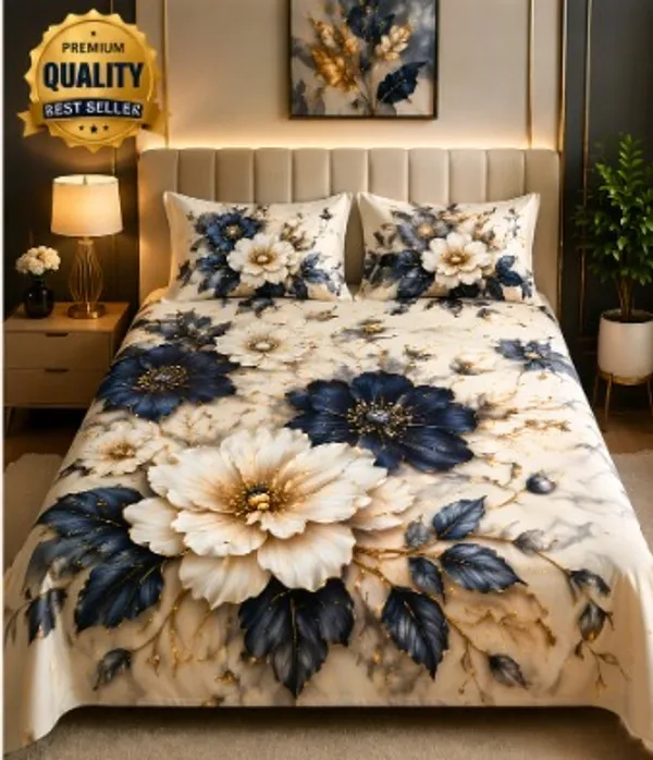 Navy_Blue_And_Cream_Floral_Print_King_Size_Bed_Sheet_Set