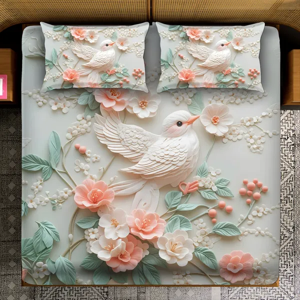 White_3D_Floral_Bird_Embossed_Bedding_Set_With_Pillow_Covers