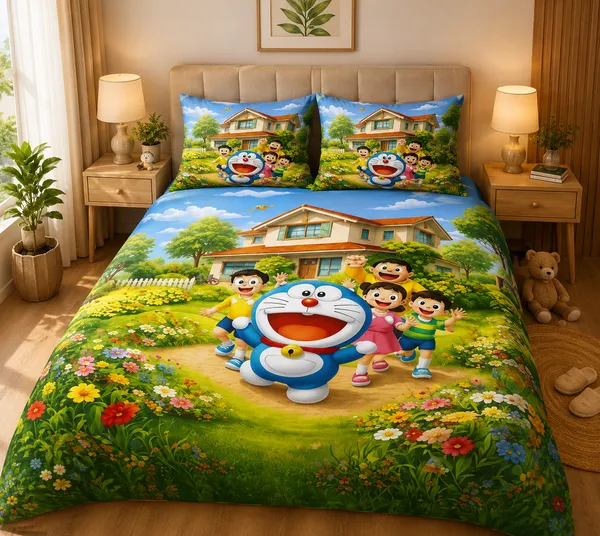 Multicolor_Cartoon_Printed_Double_Bed_Sheet_With_2_Pillow_Covers