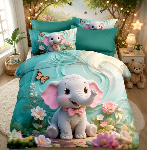 Cute_Elephant_Printed_Kids_Bedding_Set_With_Pillowcases