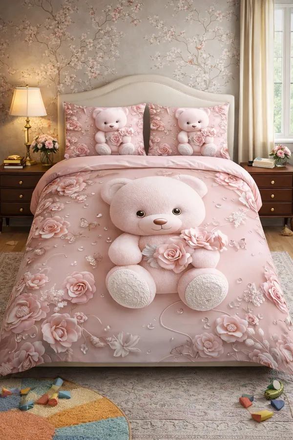 Pink_Teddy_Bear_Floral_Print_Bedding_Set_With_Pillow_Covers