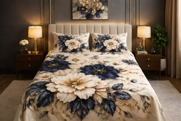 Navy_Blue_And_Cream_Floral_Print_King_Size_Bed_Sheet_Set
