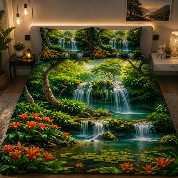 Green_Waterfall_Nature_Scenic_3D_Printed_Bed_Sheet_Set
