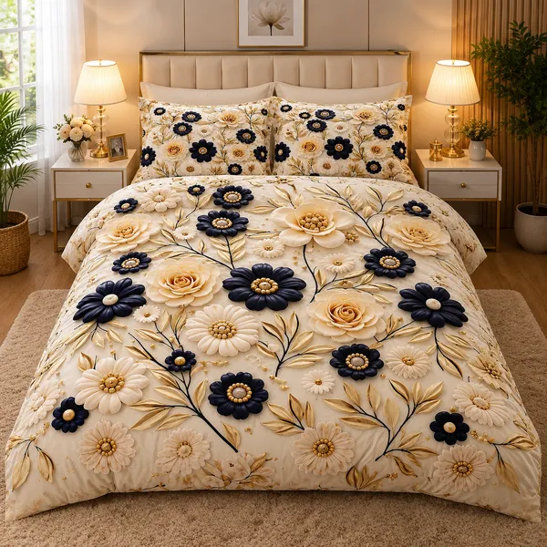 Cream_Floral_Print_Comforter_With_Matching_Pillow_Covers