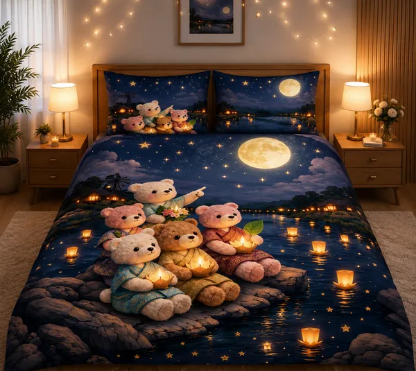Teddy_Bear_Moonlight_Lake_Printed_Double_Bed_Sheet_With_Pillow_Covers