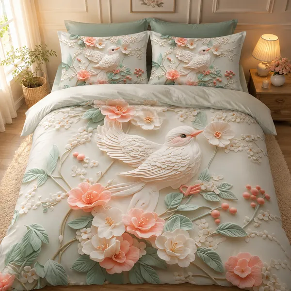 White_3D_Floral_Bird_Embossed_Bedding_Set_With_Pillow_Covers