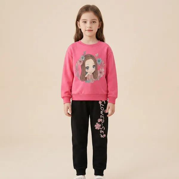 Dark_Pink_And_Black_Flower_Ring_Printed_Top_Bottom_Set_For_Baby_Girls