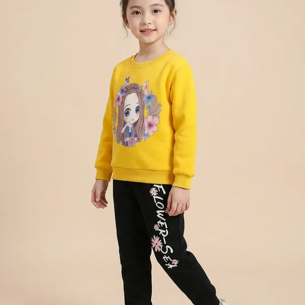 Yellow_And_Black_Flower_Ring_Printed_Top_Bottom_Set_For_Baby_Girls