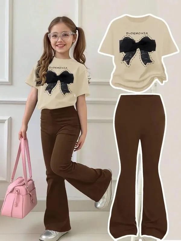 Cream_And_Brown_Black_Ribbon_Printed_Top_Bottom_Set_For_Baby_Girls