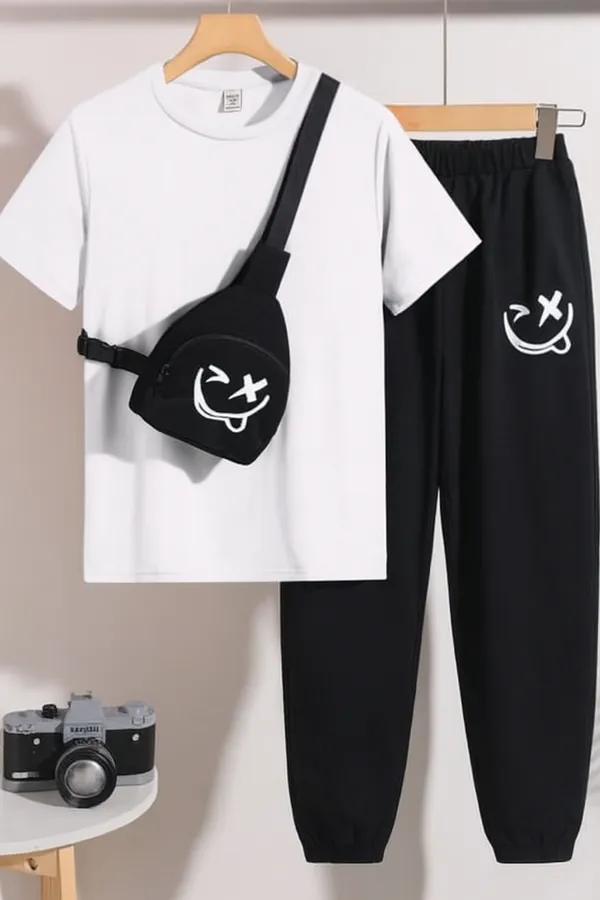 White_And_Black_Smile_Printed_Top_Bottom_Set_With_Pocket_For_Baby_Girls