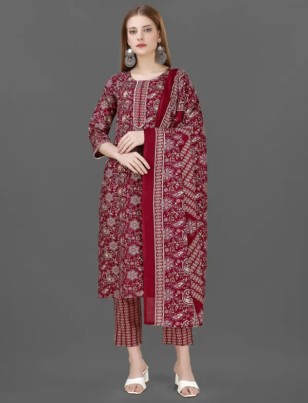 Maroon_Cotton_Blend_Kurti_With_Dupatta_And_Bottom_Wear_For_Women