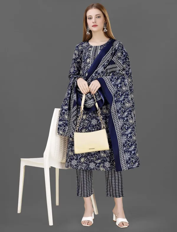 Navy_Blue_Cotton_Blend_Kurti_With_Dupatta_And_Bottom_Wear_For_Women