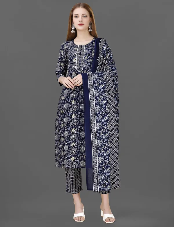 Navy_Blue_Cotton_Blend_Kurti_With_Dupatta_And_Bottom_Wear_For_Women