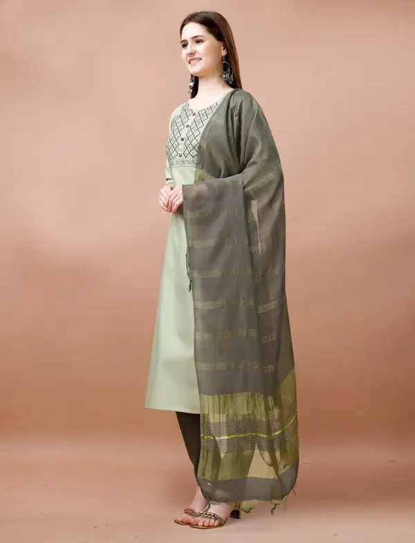 Light_Green_Cotton_Blend_Kurti_With_Dupatta_And_Bottom_Wear_For_Women