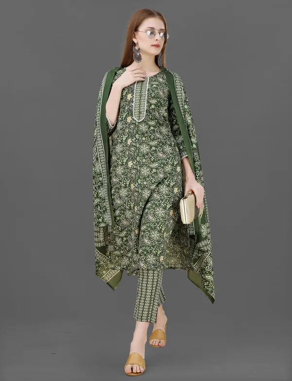 Green_Cotton_Blend_Kurti_With_Dupatta_And_Bottom_Wear_For_Women
