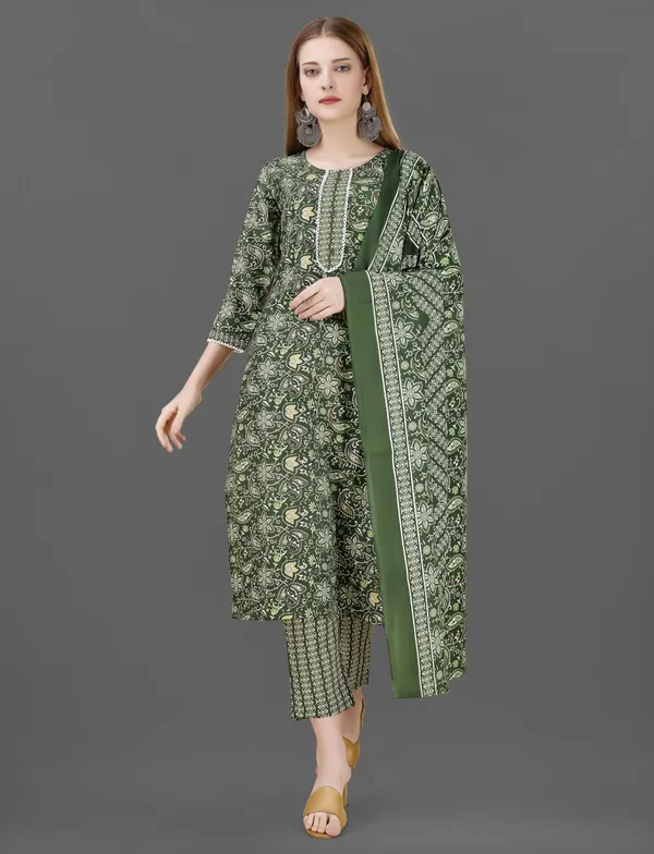 Green_Cotton_Blend_Kurti_With_Dupatta_And_Bottom_Wear_For_Women