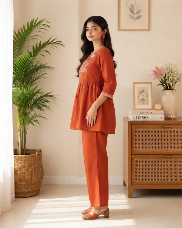 Women's_60-60_Cotton_Embroidered_Kurta_Pant_Co-ord_Set_|_Rust_Orange_V-Neck_3/4_Sleeve_Kurti_with_Pants_|_Festive_&_Casual_Wear