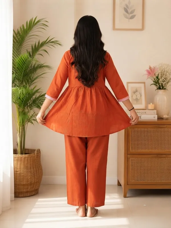 Women's_60-60_Cotton_Embroidered_Kurta_Pant_Co-ord_Set_|_Rust_Orange_V-Neck_3/4_Sleeve_Kurti_with_Pants_|_Festive_&_Casual_Wear