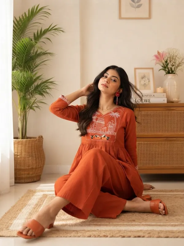Women's_60-60_Cotton_Embroidered_Kurta_Pant_Co-ord_Set_|_Rust_Orange_V-Neck_3/4_Sleeve_Kurti_with_Pants_|_Festive_&_Casual_Wear