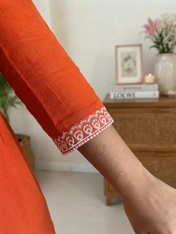 Women's_60-60_Cotton_Embroidered_Kurta_Pant_Co-ord_Set_|_Rust_Orange_V-Neck_3/4_Sleeve_Kurti_with_Pants_|_Festive_&_Casual_Wear