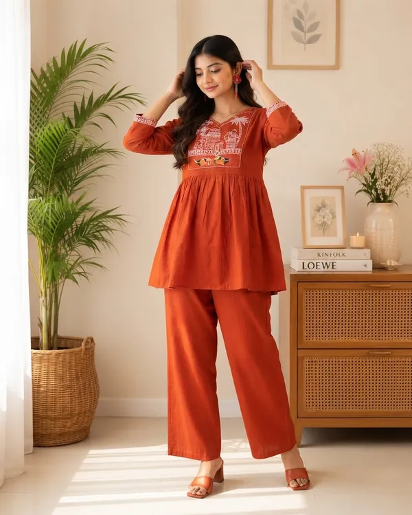 Women's_60-60_Cotton_Embroidered_Kurta_Pant_Co-ord_Set_|_Rust_Orange_V-Neck_3/4_Sleeve_Kurti_with_Pants_|_Festive_&_Casual_Wear
