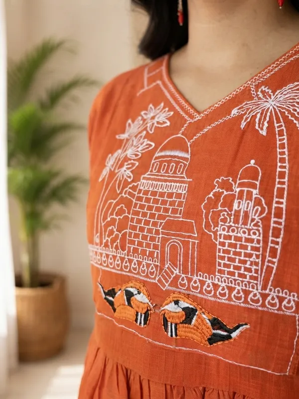 Women's_60-60_Cotton_Embroidered_Kurta_Pant_Co-ord_Set_|_Rust_Orange_V-Neck_3/4_Sleeve_Kurti_with_Pants_|_Festive_&_Casual_Wear
