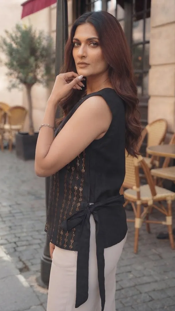 Women's_Black_Slub_Cotton_Sleeveless_Top_with_Golden_Rhinestone_Hot_Fix_Work_|_Striped_Butta_Panel_Round_Neck_Regular_Top