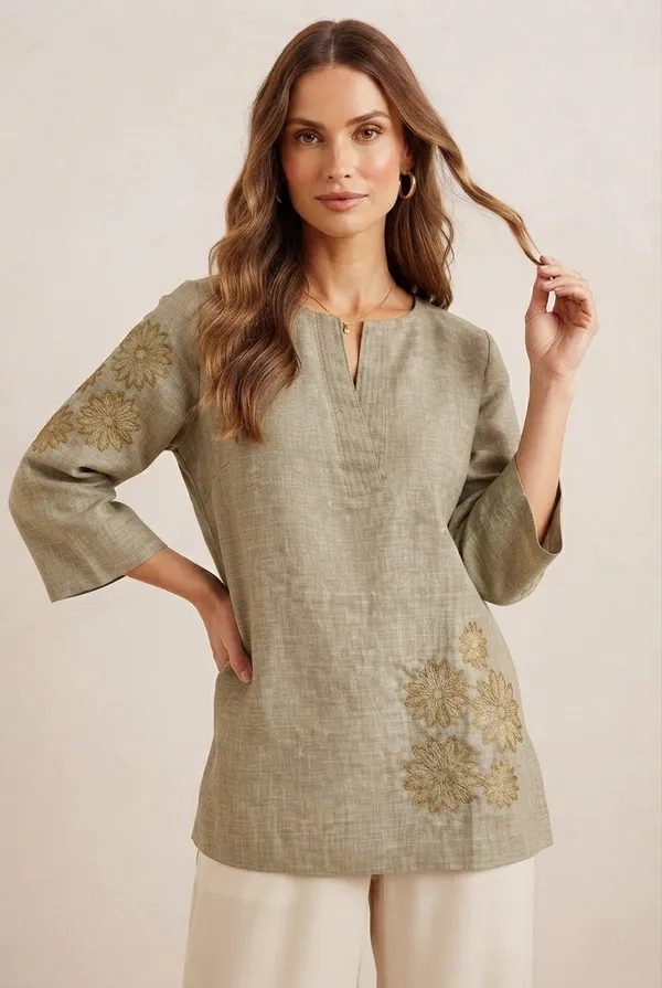 Women's_Olive_Green_Linen_Cotton_Embroidered_Top_with_Split_V-Neck_&_3/4_Sleeves