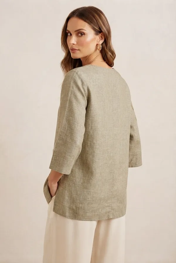 Women's_Olive_Green_Linen_Cotton_Embroidered_Top_with_Split_V-Neck_&_3/4_Sleeves
