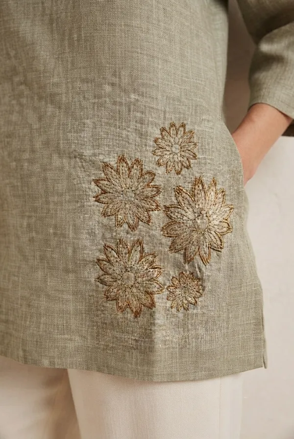 Women's_Olive_Green_Linen_Cotton_Embroidered_Top_with_Split_V-Neck_&_3/4_Sleeves