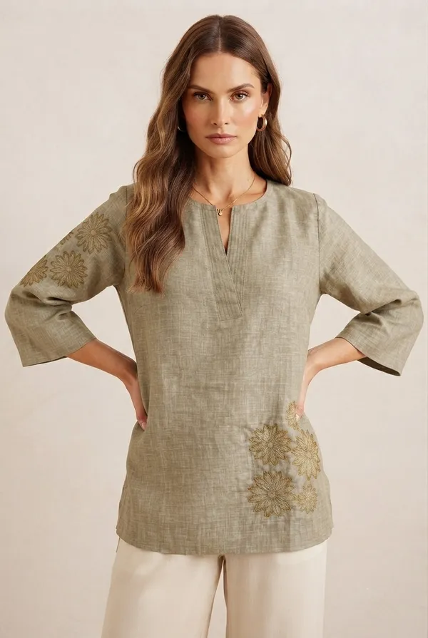 Women's_Olive_Green_Linen_Cotton_Embroidered_Top_with_Split_V-Neck_&_3/4_Sleeves