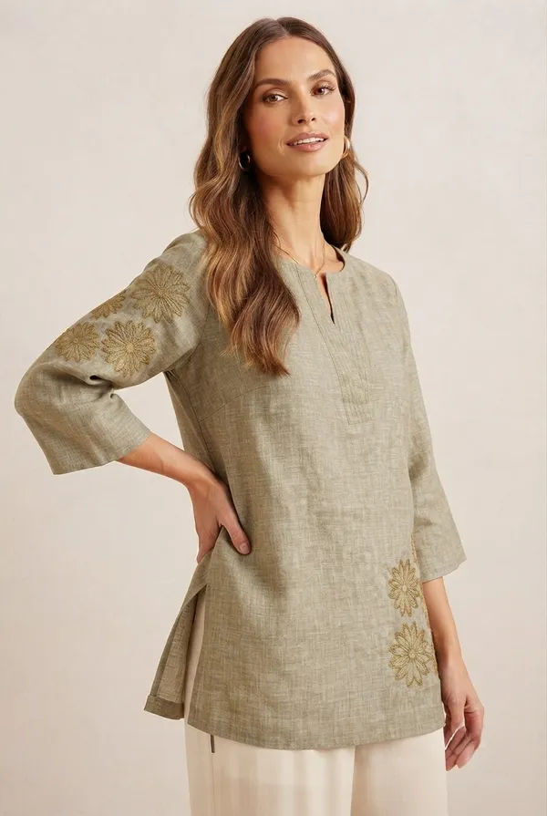 Women's_Olive_Green_Linen_Cotton_Embroidered_Top_with_Split_V-Neck_&_3/4_Sleeves