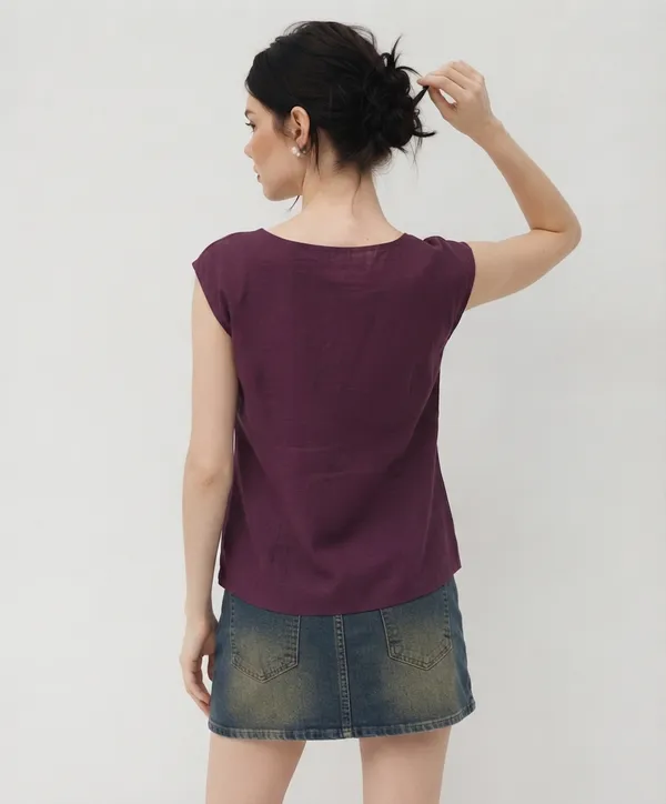 Women's_Purple_Slub_Cotton_Sleeveless_Top_with_Golden_Rhinestone_Hot_Fix_Work_|_Striped_Butta_Panel_Round_Neck_Regular_Top