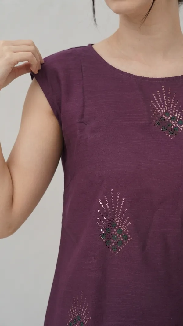 Women's_Purple_Slub_Cotton_Sleeveless_Top_with_Golden_Rhinestone_Hot_Fix_Work_|_Striped_Butta_Panel_Round_Neck_Regular_Top