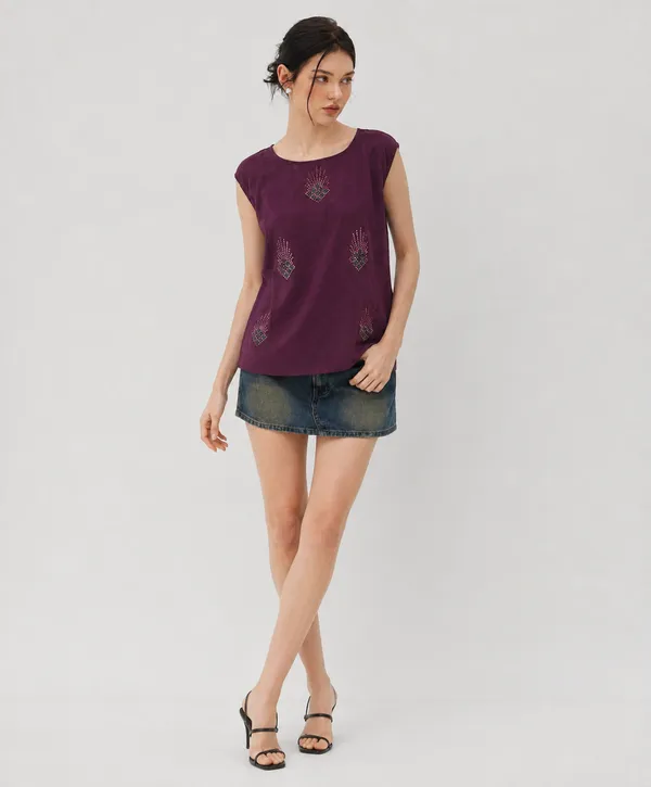 Women's_Purple_Slub_Cotton_Sleeveless_Top_with_Golden_Rhinestone_Hot_Fix_Work_|_Striped_Butta_Panel_Round_Neck_Regular_Top