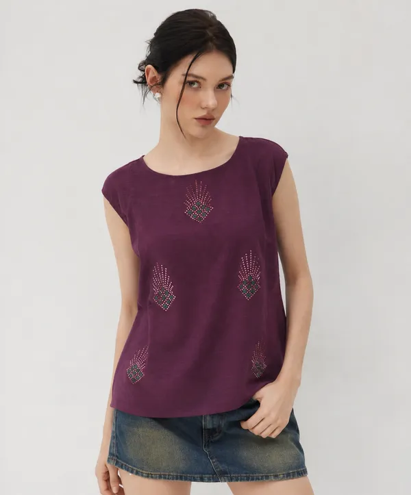 Women's_Purple_Slub_Cotton_Sleeveless_Top_with_Golden_Rhinestone_Hot_Fix_Work_|_Striped_Butta_Panel_Round_Neck_Regular_Top
