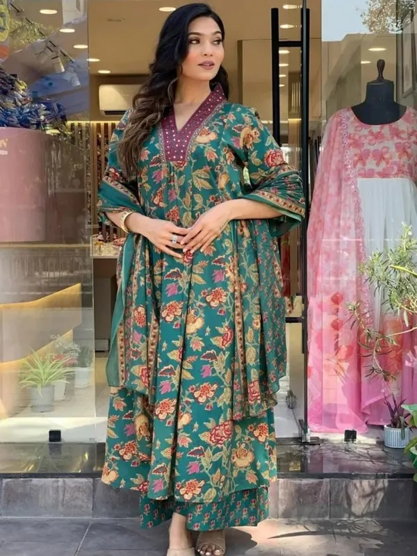 Green_Cotton_Blend_Salwar_Kurta_Dupatta_For_Women