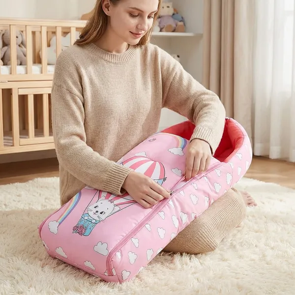 Pink_Pure_Cotton_Breathable_Sleeping_Bag_With_Smooth_Zipper_Carry_Nest_Bedding_For_Newborn_Baby