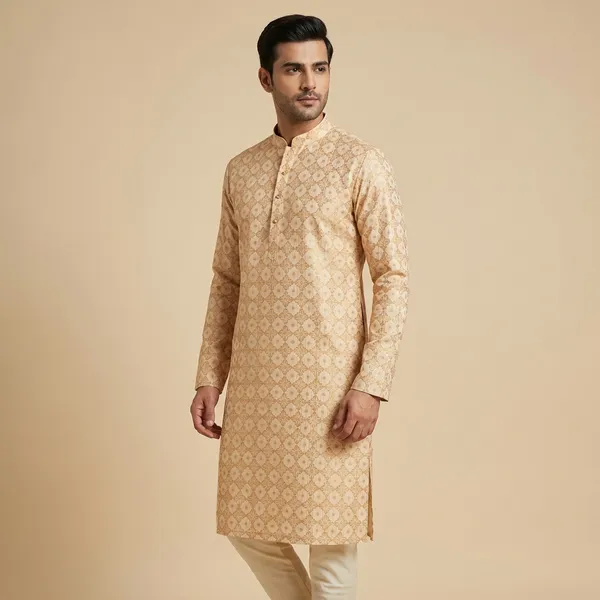 Cream_Rayon_Crochet_Golden_Embroidery_Kurta_Pajama_Set_For_Men