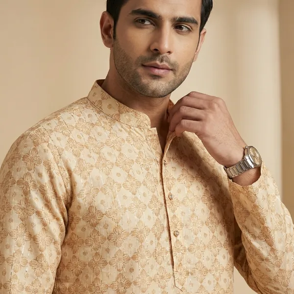 Cream_Rayon_Crochet_Golden_Embroidery_Kurta_Pajama_Set_For_Men
