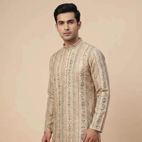 Light_Brown_Rayon_Crochet_Golden_Embroidery_Kurta_Pajama_Set_For_Men