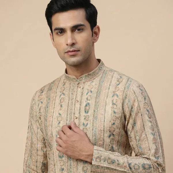 Light_Brown_Rayon_Crochet_Golden_Embroidery_Kurta_Pajama_Set_For_Men