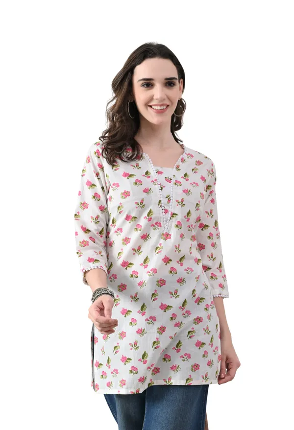 White_Cotton_Floral_Print_Kurti_For_Women