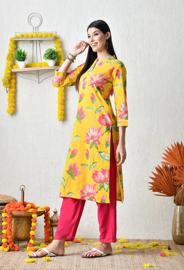 Yellow_Cotton_Floral_Printed_Kurta_For_Women