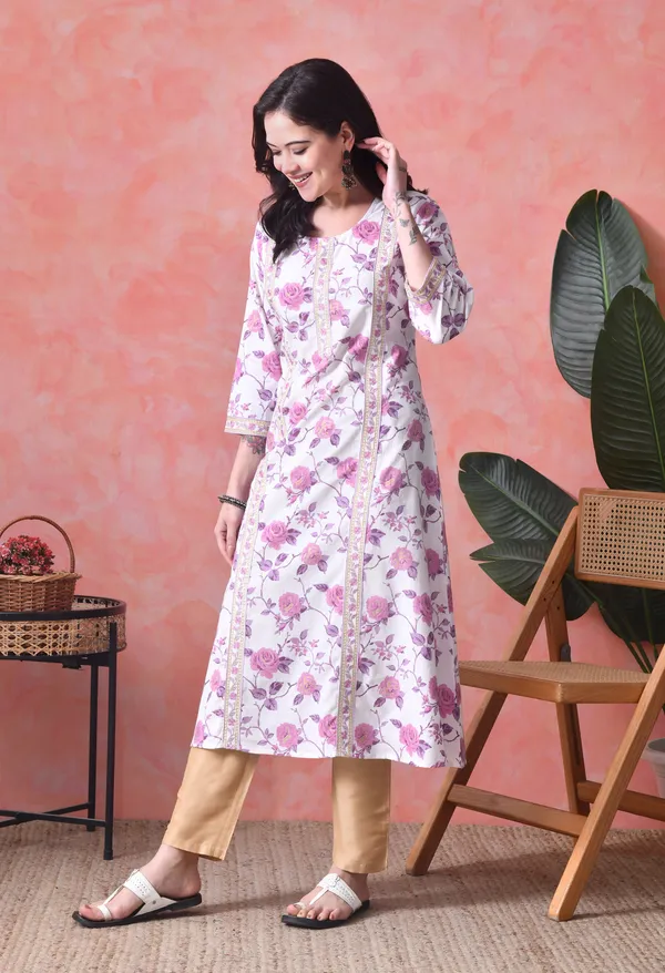 White_And_Purple_Cotton_Floral_Print_Kurta_For_Women