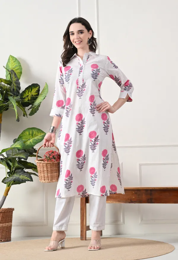 White_Cotton_Floral_Block_Print_Kurta_For_Women